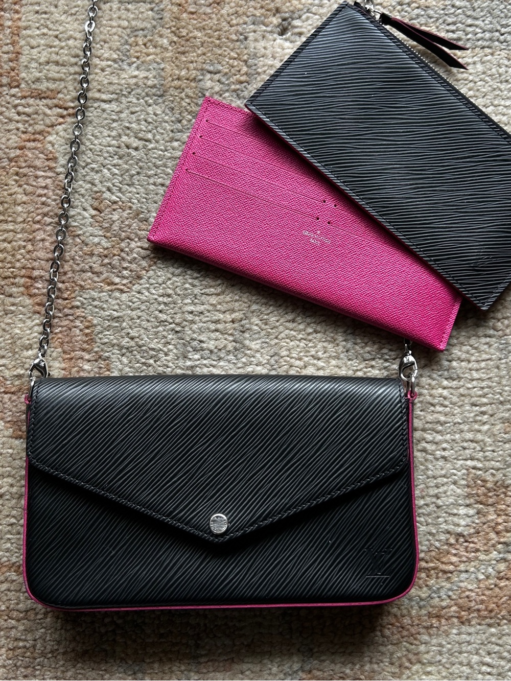 Louis Vuitton Epi Pochette Filicie Black and Hot Pink Bag with Inserts